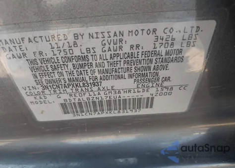 2019 Nissan Versa 1.6 Sv from USA, damaged, VIN 3N1CN7APXKL831937